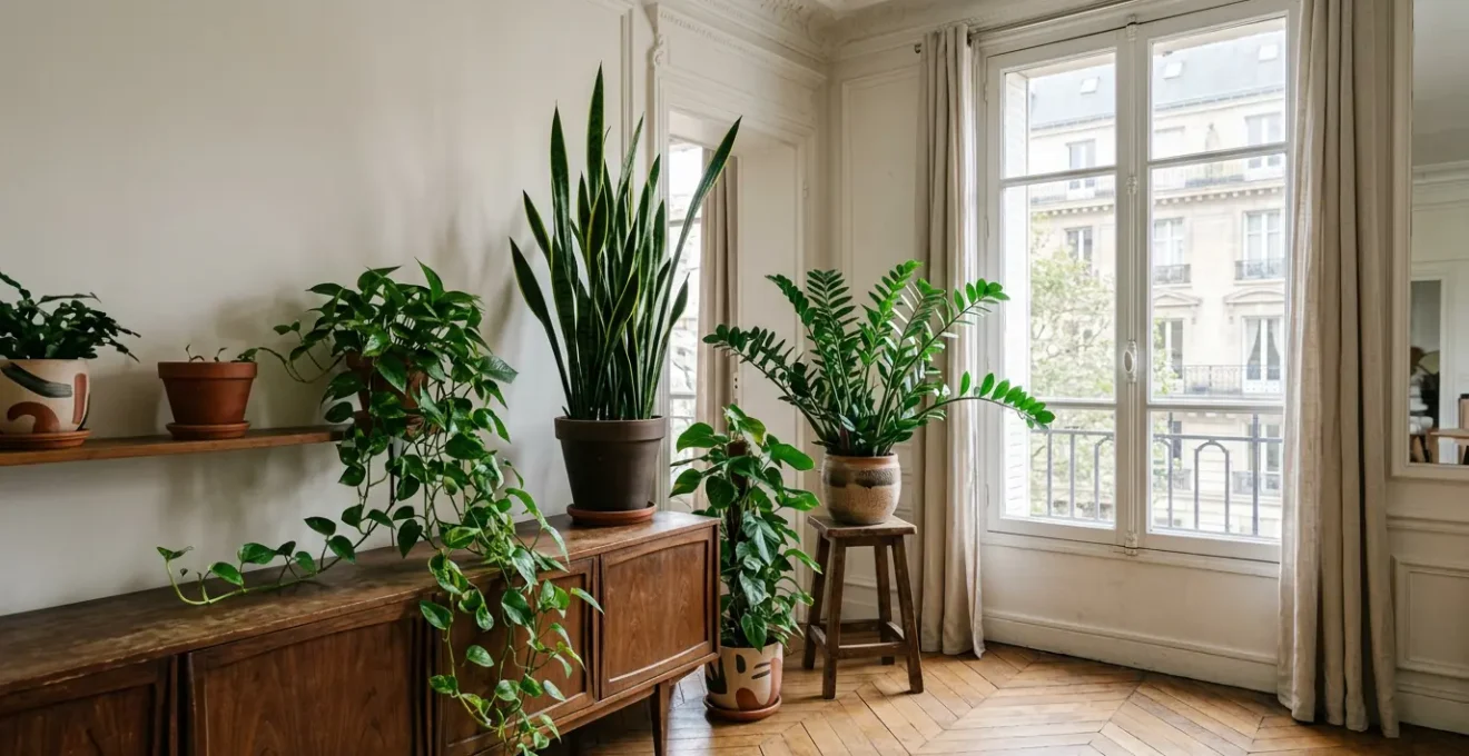 Intérieur d'appartement français avec plantes adaptées à la faible luminosité