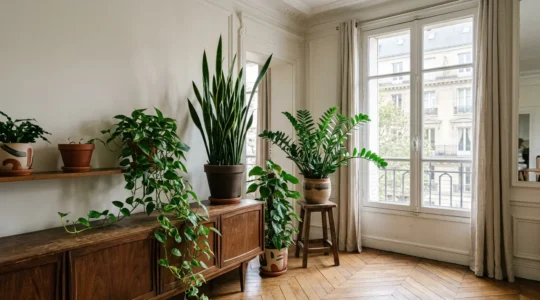 Intérieur d'appartement français avec plantes adaptées à la faible luminosité