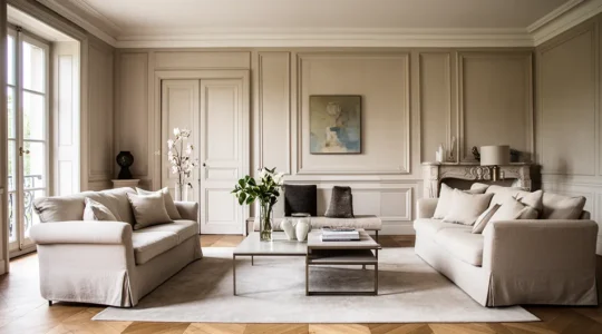 Salon moderne baigné de lumière naturelle avec canapé beige, plantes vertes et circulation fluide