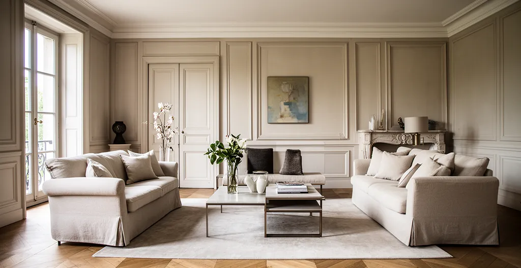 Salon moderne baigné de lumière naturelle avec canapé beige, plantes vertes et circulation fluide