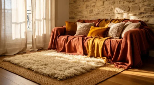 Salon confortable avec superposition de textiles d'hiver créant une ambiance chaleureuse
