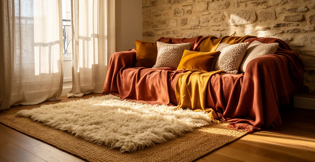 Salon confortable avec superposition de textiles d'hiver créant une ambiance chaleureuse
