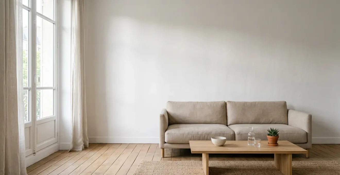 Salon épuré aux tons neutres avec mobilier minimaliste et grande fenêtre lumineuse