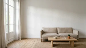 Salon épuré aux tons neutres avec mobilier minimaliste et grande fenêtre lumineuse