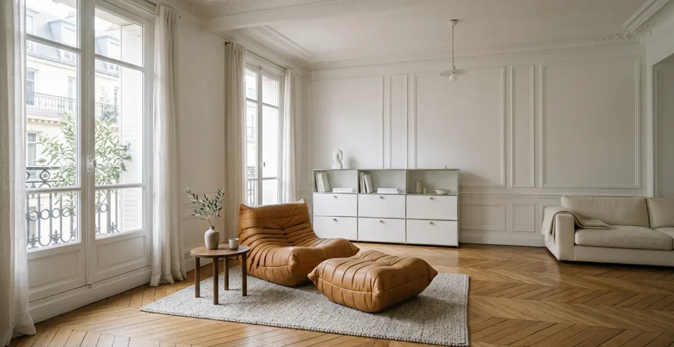 Salon moderne avec fauteuil designer en cuir camel et mobilier épuré blanc, harmonie de styles dans appartement haussmannien