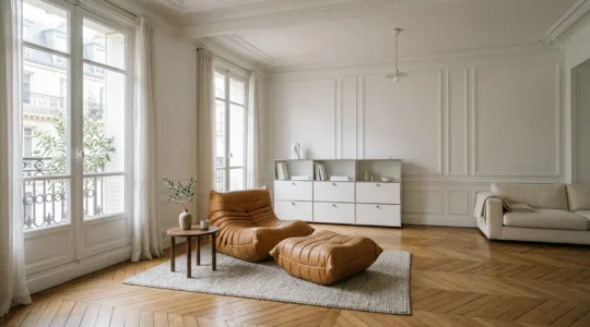 Salon moderne avec fauteuil designer en cuir camel et mobilier épuré blanc, harmonie de styles dans appartement haussmannien
