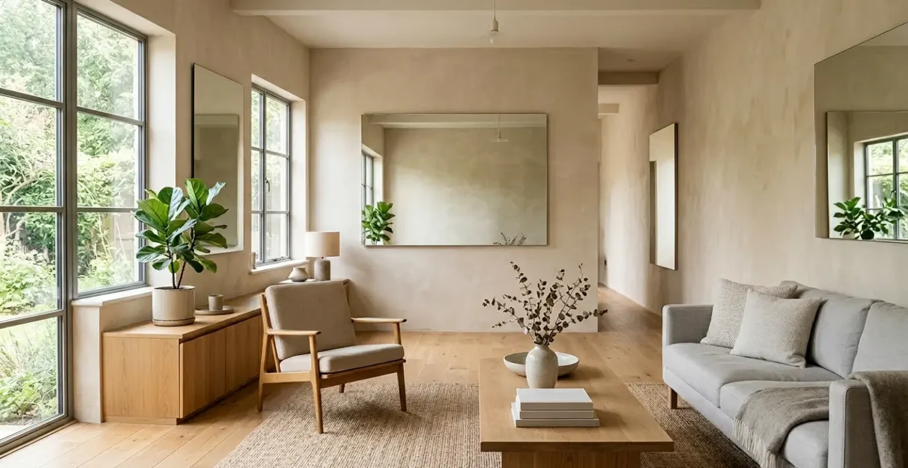 Salon lumineux orienté nord avec miroirs stratégiques et surfaces claires réfléchissantes