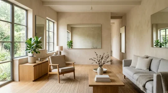 Salon lumineux orienté nord avec miroirs stratégiques et surfaces claires réfléchissantes