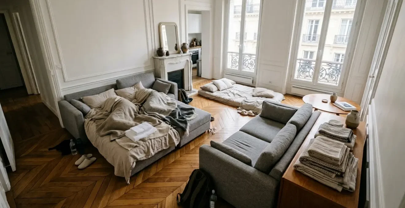 Salon transformé en espace de couchage avec des modules de canapé disposés dans un appartement T3