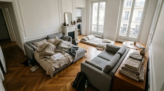 Salon transformé en espace de couchage avec des modules de canapé disposés dans un appartement T3