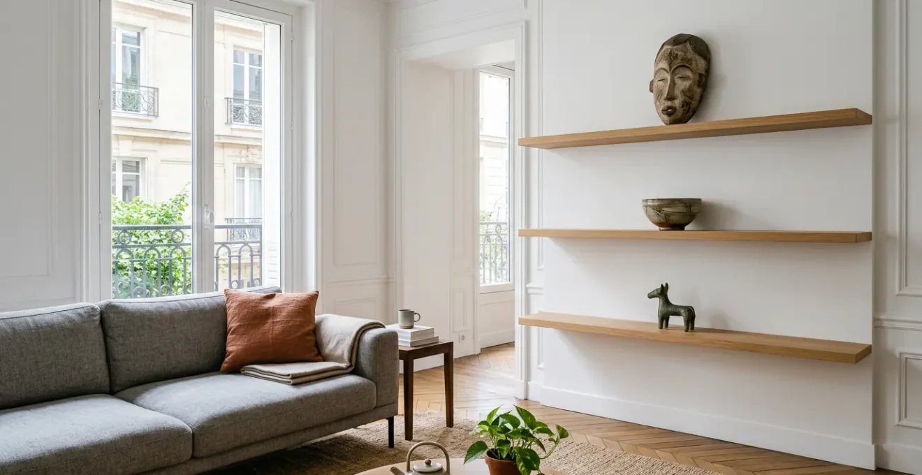 Intérieur de salon élégant avec souvenirs de voyage exposés avec goût, lumière naturelle douce