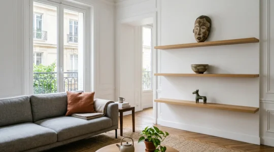 Intérieur de salon élégant avec souvenirs de voyage exposés avec goût, lumière naturelle douce