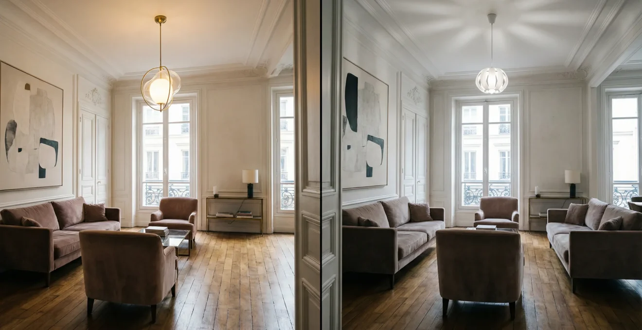 Comparaison entre suspension design authentique et copie dans un salon moderne avec agent immobilier
