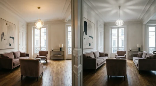 Comparaison entre suspension design authentique et copie dans un salon moderne avec agent immobilier