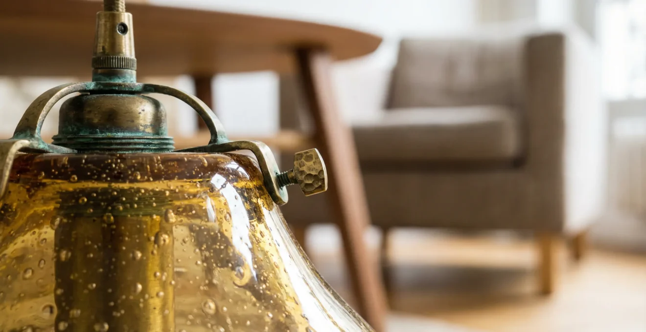 Salon avec mobilier IKEA sublimé par une suspension design authentique créant un point focal valorisant