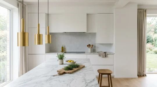 Trois suspensions en laiton doré au-dessus d'un îlot de cuisine avec plan de travail en marbre blanc