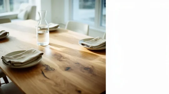 Table en bois massif élégante avec détails du grain visible, préparée pour un repas familial dans une salle à manger lumineuse