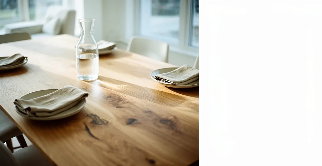 Table en bois massif élégante avec détails du grain visible, préparée pour un repas familial dans une salle à manger lumineuse