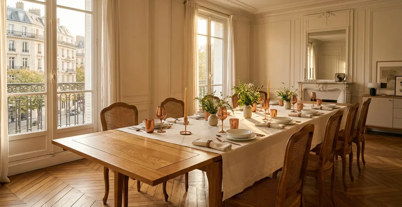 Table extensible en bois massif déployée dans une salle à manger française chaleureuse avec service en porcelaine et décoration festive