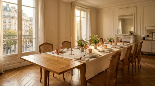 Table extensible en bois massif déployée dans une salle à manger française chaleureuse avec service en porcelaine et décoration festive