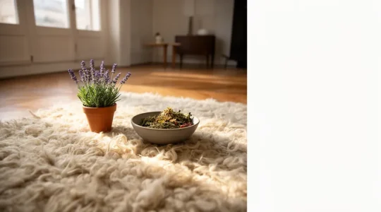 Tapis en laine naturelle dans un salon lumineux avec soins d'entretien