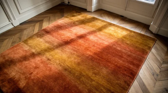 Vue plongeante d'un tapis épais en laine texturée dans un salon d'appartement haussmannien avec parquet ancien
