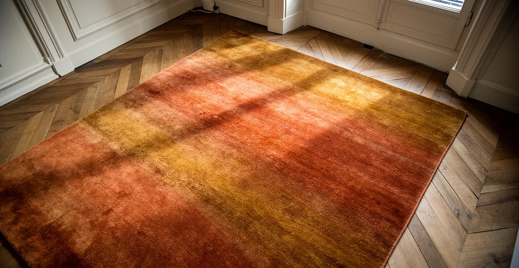 Vue plongeante d'un tapis épais en laine texturée dans un salon d'appartement haussmannien avec parquet ancien