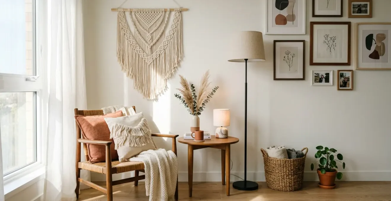 Salon moderne aménagé avec un budget de 500 euros mêlant meubles chinés et accessoires tendance