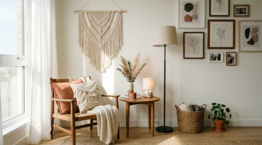 Salon moderne aménagé avec un budget de 500 euros mêlant meubles chinés et accessoires tendance