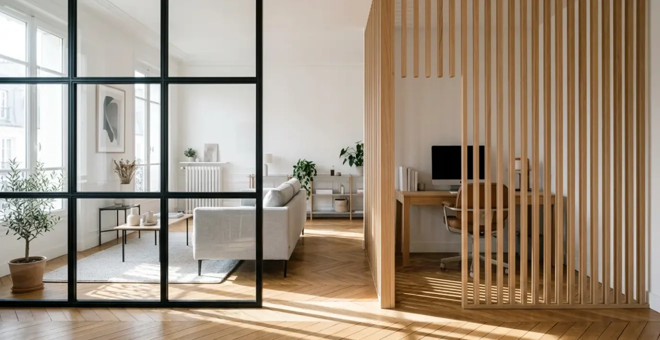 Séparation d'intérieur avec verrière d'atelier et claustra en bois dans un salon contemporain français