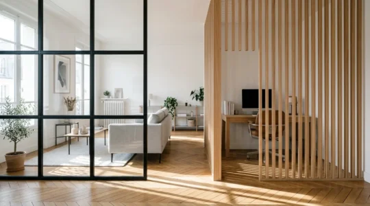 Séparation d'intérieur avec verrière d'atelier et claustra en bois dans un salon contemporain français