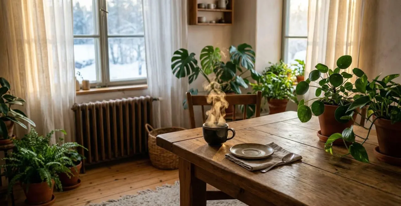 Vue d'ensemble d'une table en bois dans un intérieur chaleureux avec plantes vertes