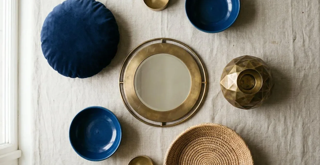 Planche de style montrant trois éléments répétés : laiton, forme ronde et bleu nuit dans différents objets décoratifs