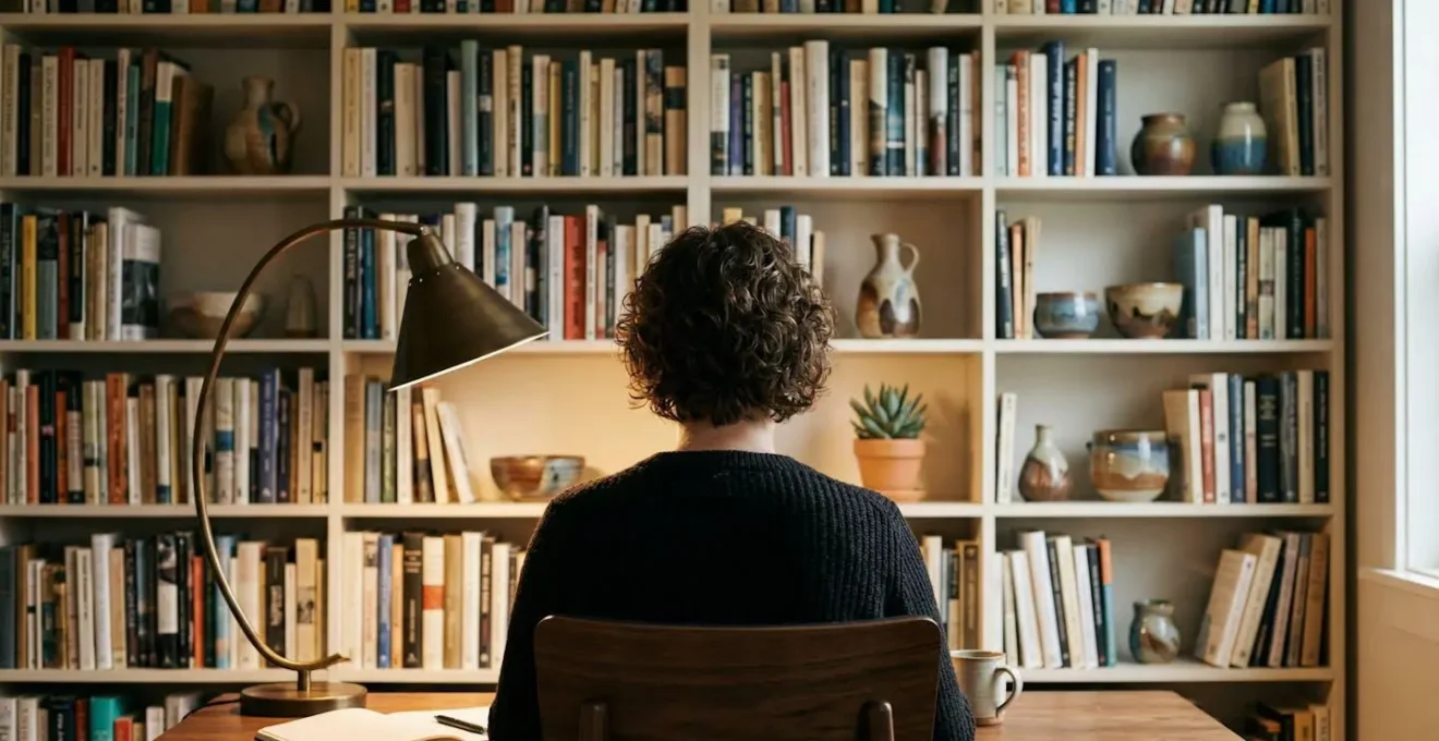 Vue arrière d'une personne travaillant, bibliothèque élégante en fond avec éclairage doux