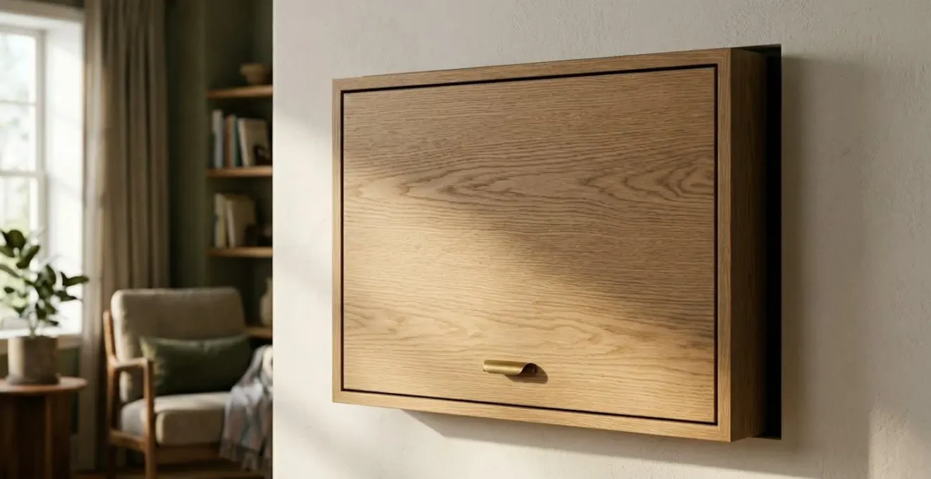 Bureau mural rabattable fermé contre un mur blanc, panneau de bois clair avec poignée dorée