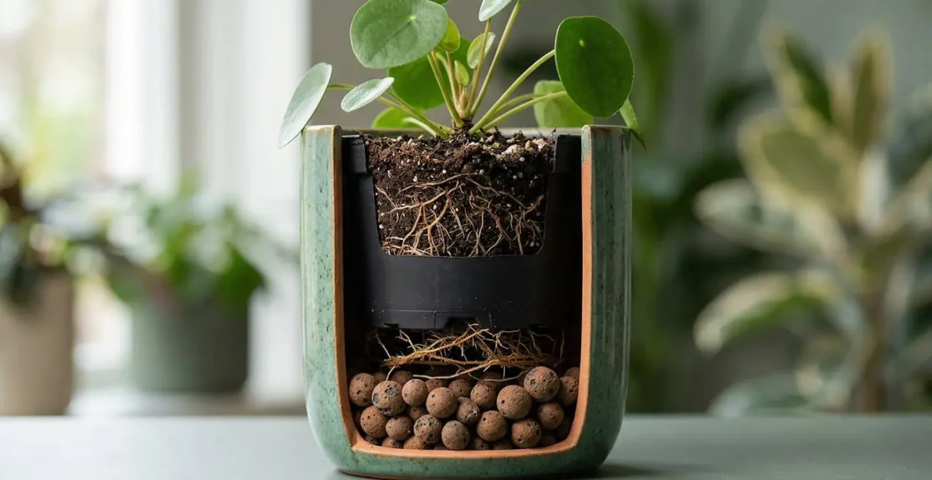 Coupe transversale d'un cache-pot montrant la couche de billes d'argile pour le drainage