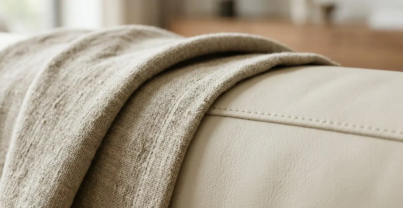 Canapé design blanc avec une protection textile en lin naturel disposée avec élégance dans un salon minimaliste