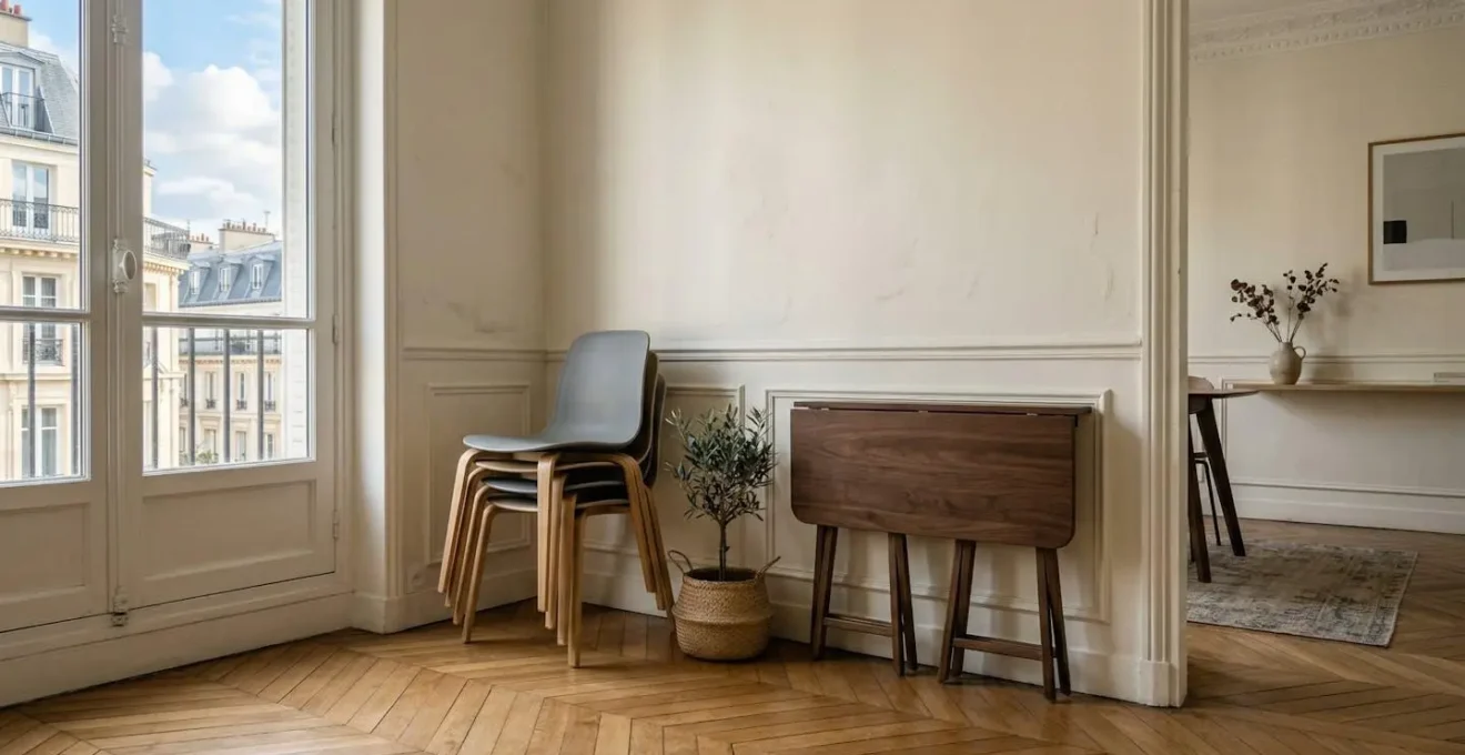 Quatre chaises empilables design rangées dans un coin d'appartement parisien