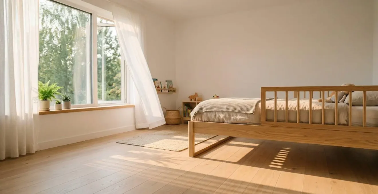 Chambre d'enfant lumineuse avec fenêtre ouverte et un sommier à lattes, favorisant la circulation de l'air.
