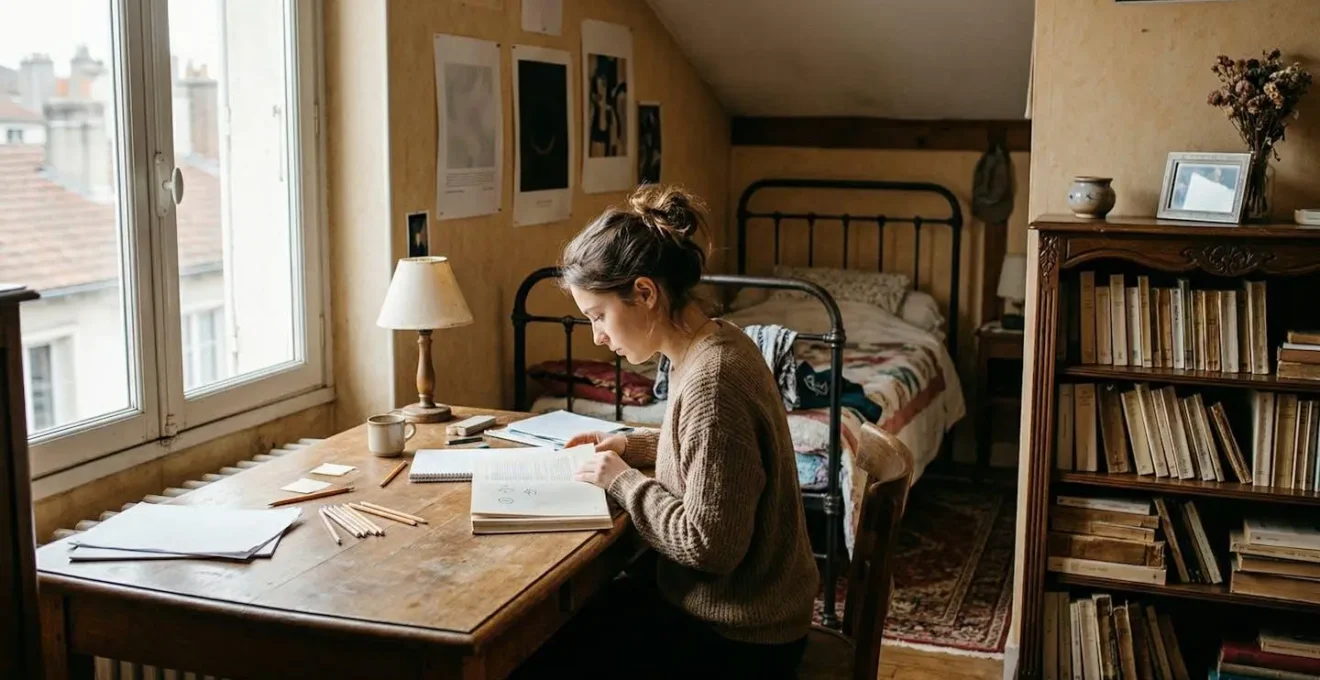 Chambre étudiante française meublée avec goût en seconde main, bureau en bois massif et étagères vintage