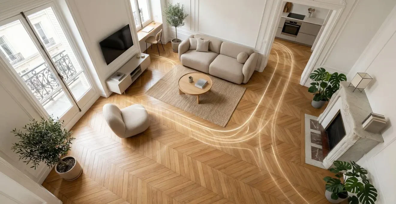 Vue aérienne d'un salon montrant les flux de circulation optimaux entre les meubles