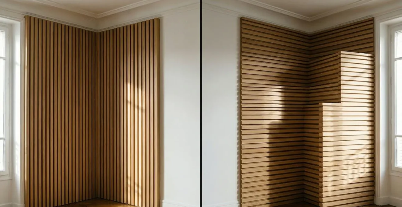 Comparaison visuelle entre claustra à lames verticales et horizontales dans un intérieur français