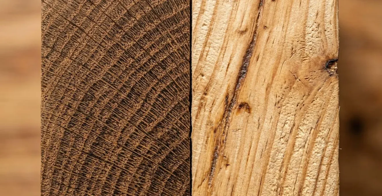 Gros plan comparatif montrant les grains distincts du chêne et du pin côte à côte