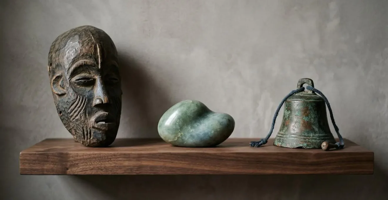 Étagère murale avec objets de voyage en différentes matières harmonieusement disposés