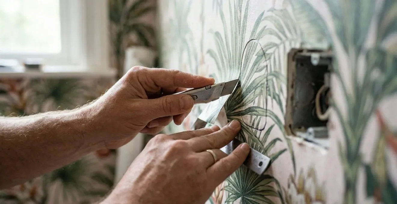 Mains d'un artisan découpant avec précision un papier peint panoramique à motif tropical autour d'une prise électrique avec un cutter.