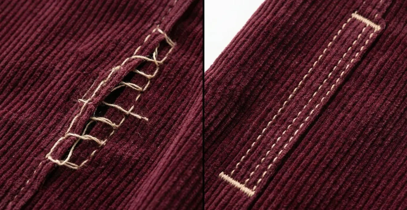 Détail technique d'une couture renforcée sur velours côtelé