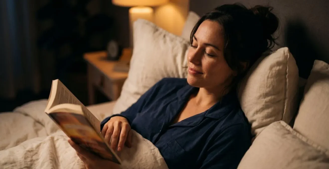 Lampe de chevet diffusant une lumière ambrée douce dans une chambre préparée pour le sommeil
