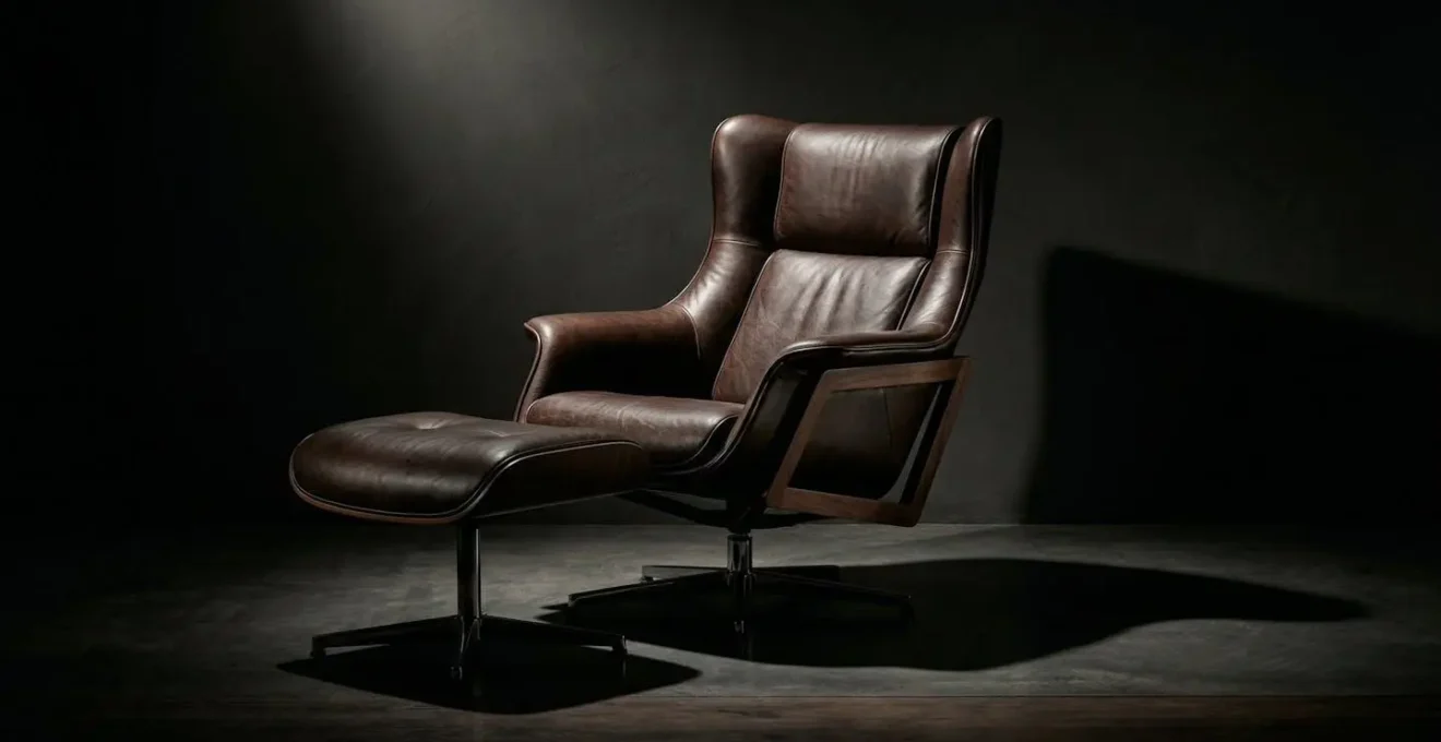 Fauteuil design en cuir illuminé par un éclairage directionnel créant des ombres sculpturales dans un salon contemporain