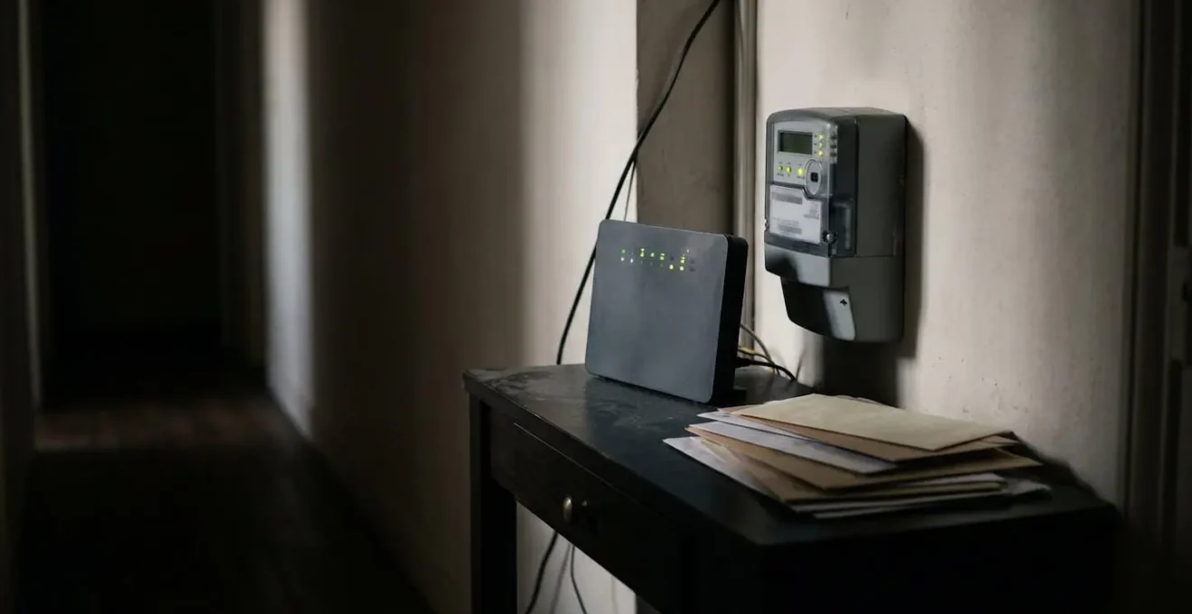 Vue d'une entrée avec compteur électrique et pile de courrier créant une zone de stress