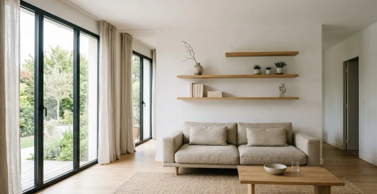 Salon moderne avec étagère flottante positionnée au tiers supérieur du mur au-dessus d'un canapé